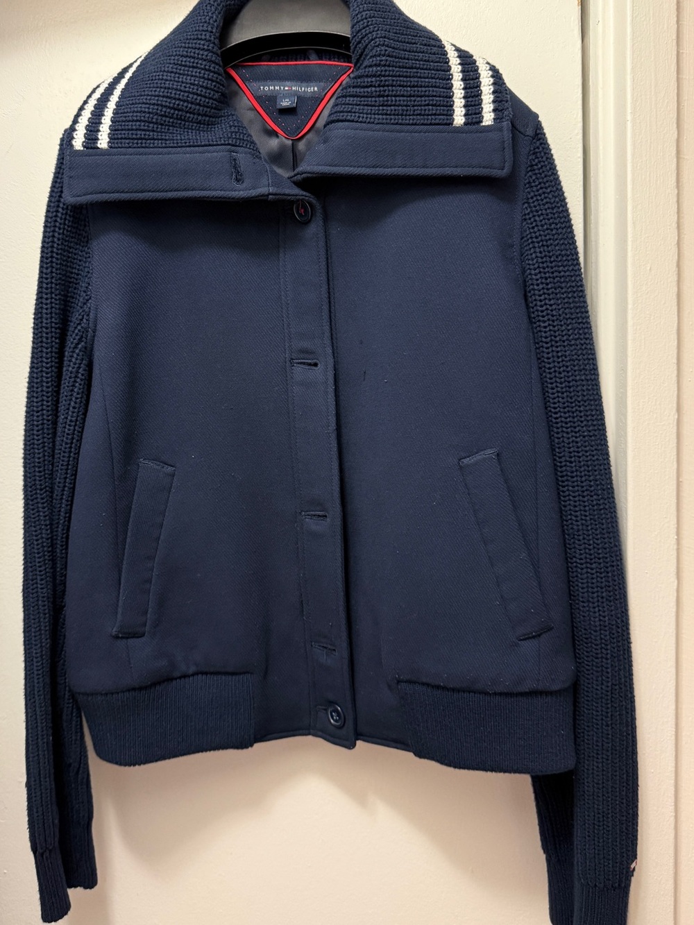 Tommy Hilfiger Navy Bomber Jacket with White Collar Stripes